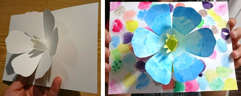 〈工作〉花のポップアップカードをつくって、絵具で彩色します。